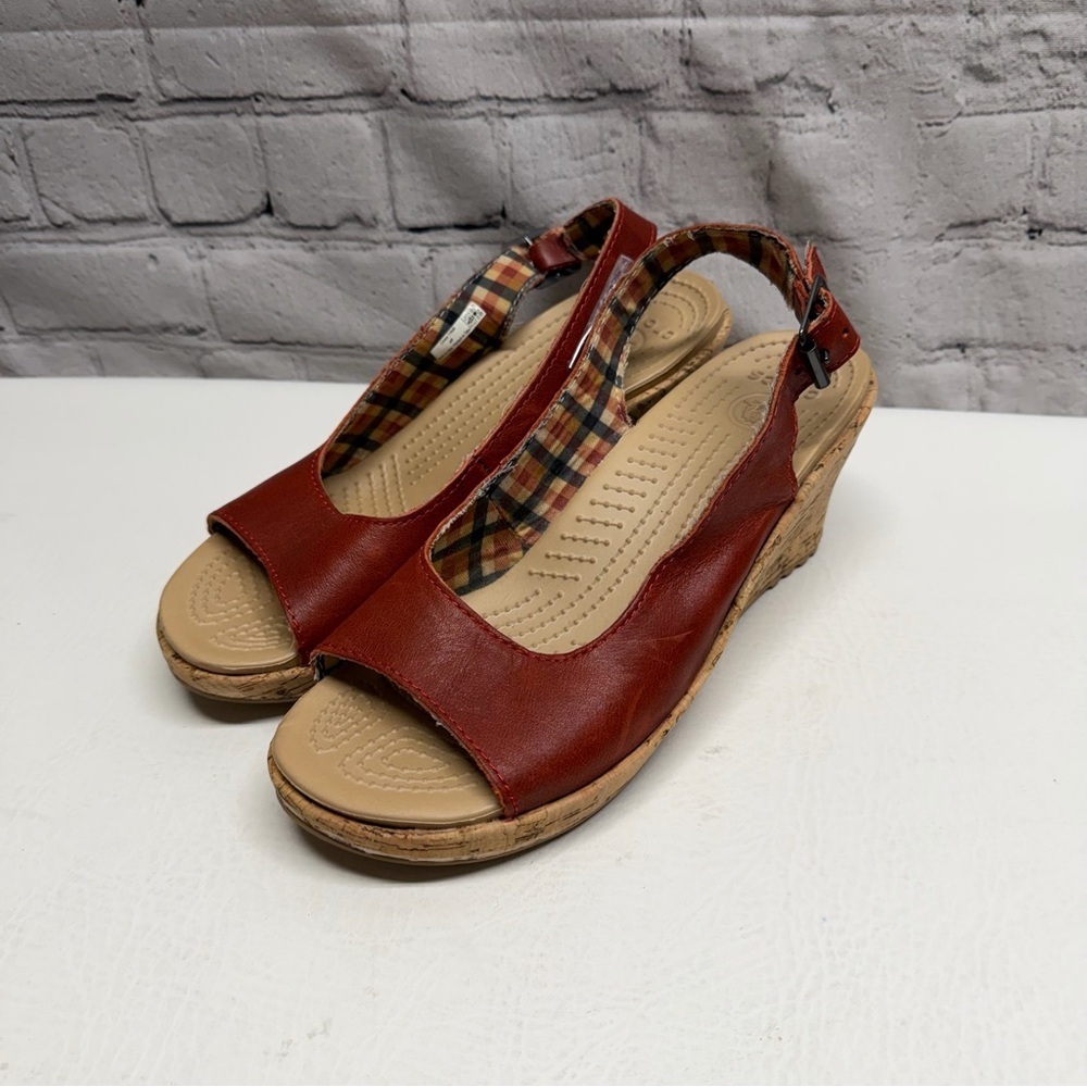 CROCS Women's Open-Toe Slingback Wedge Sandals in Rust Brown